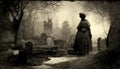 Gloomy dark, mystic, spooky landscape, old Victorian photo style. Ghosts in abandoned church ruins