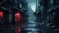 Gloomy dark street in cyberpunk city in rain, dirty wet alley with garbage. Moody view of old spooky futuristic buildings at night Royalty Free Stock Photo