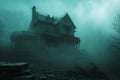 A gloomy and eerie house emerges from the thick fog of a dense forest, Spooky haunted house amid eerie fog, AI Generated Royalty Free Stock Photo