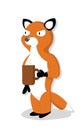 A gloomy fox with evil eyes holds a cup of coffee in his hand.