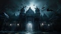 Gloomy Gothic castle at Halloween night, old haunted palace with bats Royalty Free Stock Photo