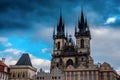 gloomy gothic Tyn Church in evening Prague, Bohemia, Czech Republic