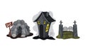 Gloomy Halloween House and Graveyard Gate Vector Set Royalty Free Stock Photo