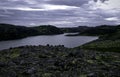 Gloomy landscape of polar tundra. Northern nature of Teriberka, Kola Peninsula