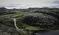 Gloomy landscape of polar tundra. Northern nature of Teriberka, Kola Peninsula