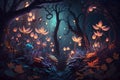 Gloomy magic fairy forest at night with luminous flora, glowing firefly and path. Generative AI illustration Royalty Free Stock Photo
