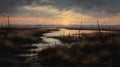 Gloomy Marsh At Sunrise: Realistic And Detailed Avian-themed Post-apocalyptic Landscape