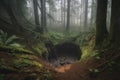 gloomy and misty sinkhole forest with towering trees