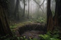 gloomy and misty sinkhole forest with towering trees