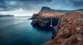 Gloomy morning scene of Mulafossur Waterfall. Dramatic autumn view of Gasadalur village, Vagar, Faroe Islands, Kingdom of Denmark,