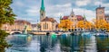 Gloomy morning view of Fraumunster Church. Amazing autumn cityscape of Zurich, Switzerland, Europe Royalty Free Stock Photo