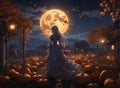 Halloween night scene with cute witch, bats, jack-o-lantern pumpkins, and houses under the moonlight Royalty Free Stock Photo