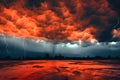 Gloomy, ominous dark red sky with clouds and lightning and a red ground. Royalty Free Stock Photo