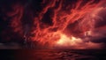 Gloomy, ominous dark red sky with clouds and lightning and a red water. Royalty Free Stock Photo