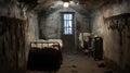 Gloomy Russian Prison Cell With Bed Under Metal Railing