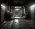 A gloomy and scary corridor of an abandoned spaceship