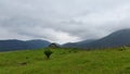 gloomy sky above mountains. A house is in mountains