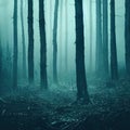 Gloomy, spooky, foggy dark forest landscape. Surreal mysterious horror forest background