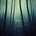 Gloomy, spooky, foggy dark forest landscape. Surreal mysterious horror forest background