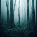 Gloomy, spooky, foggy dark forest landscape. Surreal mysterious horror forest background