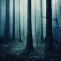 Gloomy, spooky, foggy dark forest landscape. Surreal mysterious horror forest background