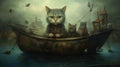 Within a gloomy and surreal atmosphere, a scene unfolds that captures the essence of a cat\'s dream. It emanates an aura of a