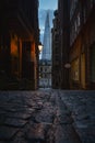 Gloomy view of Cobblestone Street with the Shard London in the Background