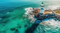 Gloomy view from flying drone of Mykines island with old lighthouse. Attractive morning scene of Faroe Islands, Denmark, Europe.