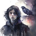 Gloomy watercolor art of a dark-haired teenage boy and his black bird companion, a raven. Dark fantasy illustration created with Royalty Free Stock Photo