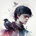 Gloomy watercolor art of a dark-haired teenage boy and his black bird companion, a raven. Dark fantasy illustrationcreated with Royalty Free Stock Photo