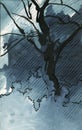 Gloomy winter landscape with a tree. Snowy night. Graphic illustration for background