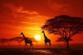 Glorious african sunset. majestic giraffes gracefully roaming the golden savannah