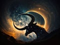 Glorious horns casting an imposing shadow on the stars. Zodiac Astrology concept. AI generation