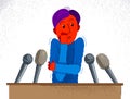 Glossophobia fear of public speech vector illustration, boy surrounded by microphones scared in panic attack, psychology mental