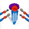 Glossophobia fear of public speech vector illustration, boy surrounded by microphones scared in panic attack, psychology mental