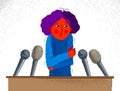 Glossophobia fear of public speech vector illustration, girl surrounded by microphones scared in panic attack, psychology mental