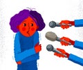 Glossophobia fear of public speech vector illustration, girl surrounded by microphones scared in panic attack, psychology mental