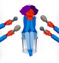 Glossophobia fear of public speech vector illustration, girl surrounded by microphones scared in panic attack, psychology mental