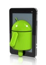 Glossy Android character climbing out of a Tablet