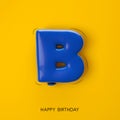 Letter glossy B blue balloon font yellow background. 3d illustration. Happ birthday