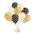 Glossy balloons bunch. Gold glitter, polka dots, beige colors. For birthday, baby shower or holidays design