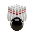 A glossy black bowling ball poised before a triangular formation of ten white pins isolated on white background Royalty Free Stock Photo