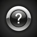 Glossy black button with a silver metallic rim featuring a white question mark at Royalty Free Stock Photo