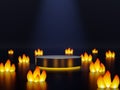 A glossy black cylindrical podium surrounded by low polygon bonfires 3d render