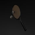 Glossy black and gold tennis racket and balls on a black background. 3D render Royalty Free Stock Photo