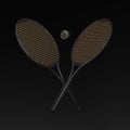 Glossy black and gold tennis rackets and a ball on a black background. Concept sports. 3D Render Royalty Free Stock Photo