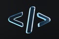 Glossy 3D rendering of glowing blue code brackets on dark background symbolizing digital development and technology innovation