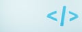 Glossy blue 3D code brackets on light blue background for modern business and creative technology concept with copy space on the