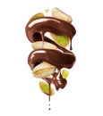 Glossy brown spiral made of melted chocolate with pistachios isolated on white background Royalty Free Stock Photo