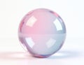 Glossy crystal sphere with pastel pink and blue gradient glows. Abstract bubble orb reflects pink abstract shapes, isolated on Royalty Free Stock Photo